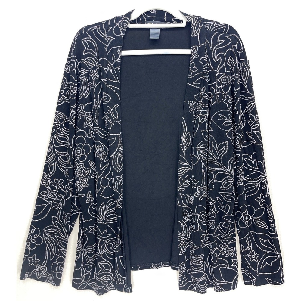 Made in Heaven Black Cardigan XL Textured Floral Open Front Long Sleeve Slinky